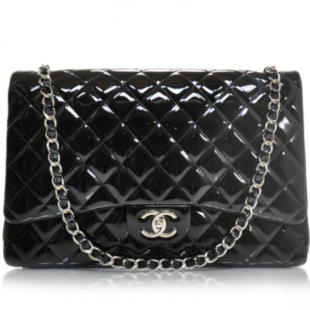 CHANEL Black quilted Patent Leather Classic Maxi Double Flap Bag